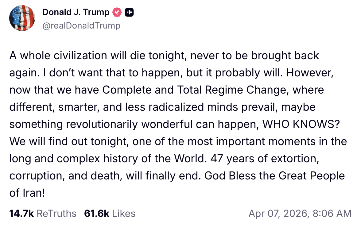 Truth Social · Trump threatening total destruction of Iran